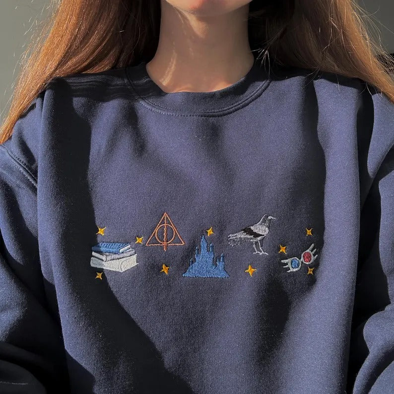 Harry Potter Embroidered Sweatshirt, Deathly Hallows Castle Design Crewneck, Wizard Aesthetic Shirt, Bookish Gift for Potter Fans EGG17