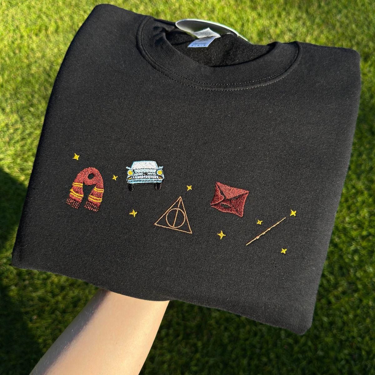 Harry Potter Embroidered Hoodie, Deathly Hallows Gryffindor Scarf Car Wand Design, Wizard Aesthetic Sweatshirt, Potter Fan Gift EGG25