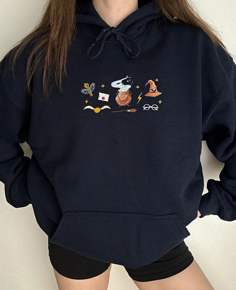 Harry Potter Embroidered Hoodie, Wizard Magic Symbols Sweatshirt, Golden Snitch Sorting Hat Cauldron Embroidery, Bookish Gift for Potter Fans EGG18