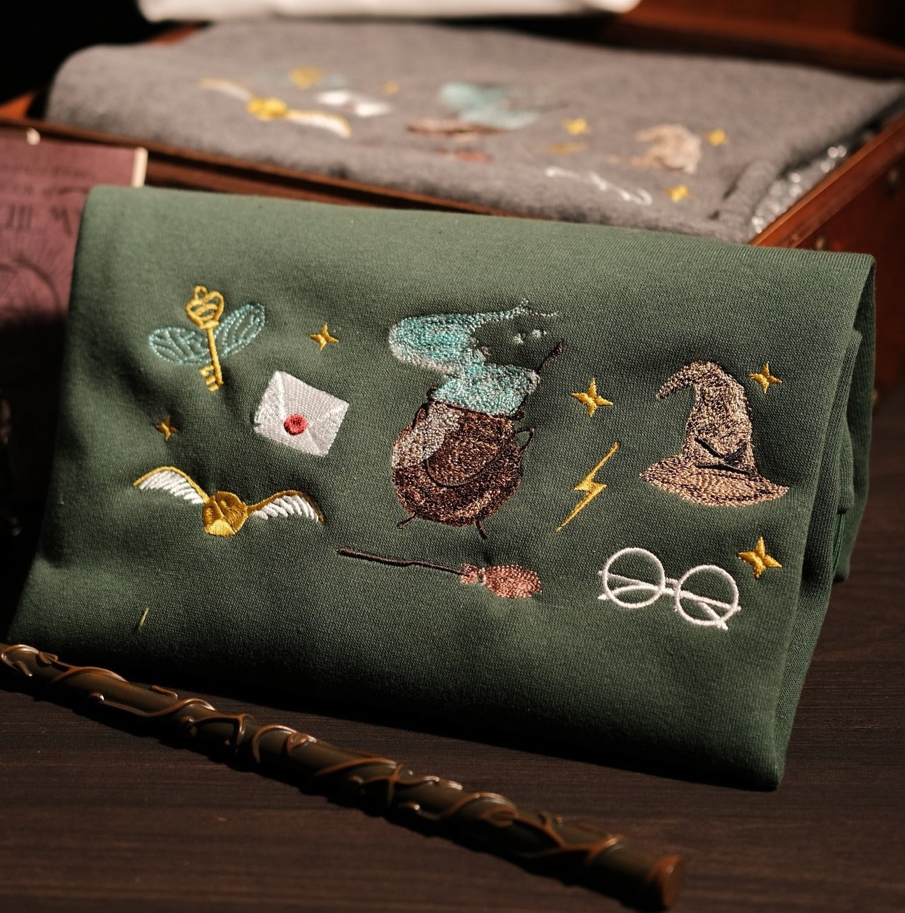 Harry Potter Embroidered Sweatshirt, Golden Snitch Cauldron Wand Hoodie, Wizard Aesthetic Crewneck, Potter Fan Gift, Flying Key Design EGG22