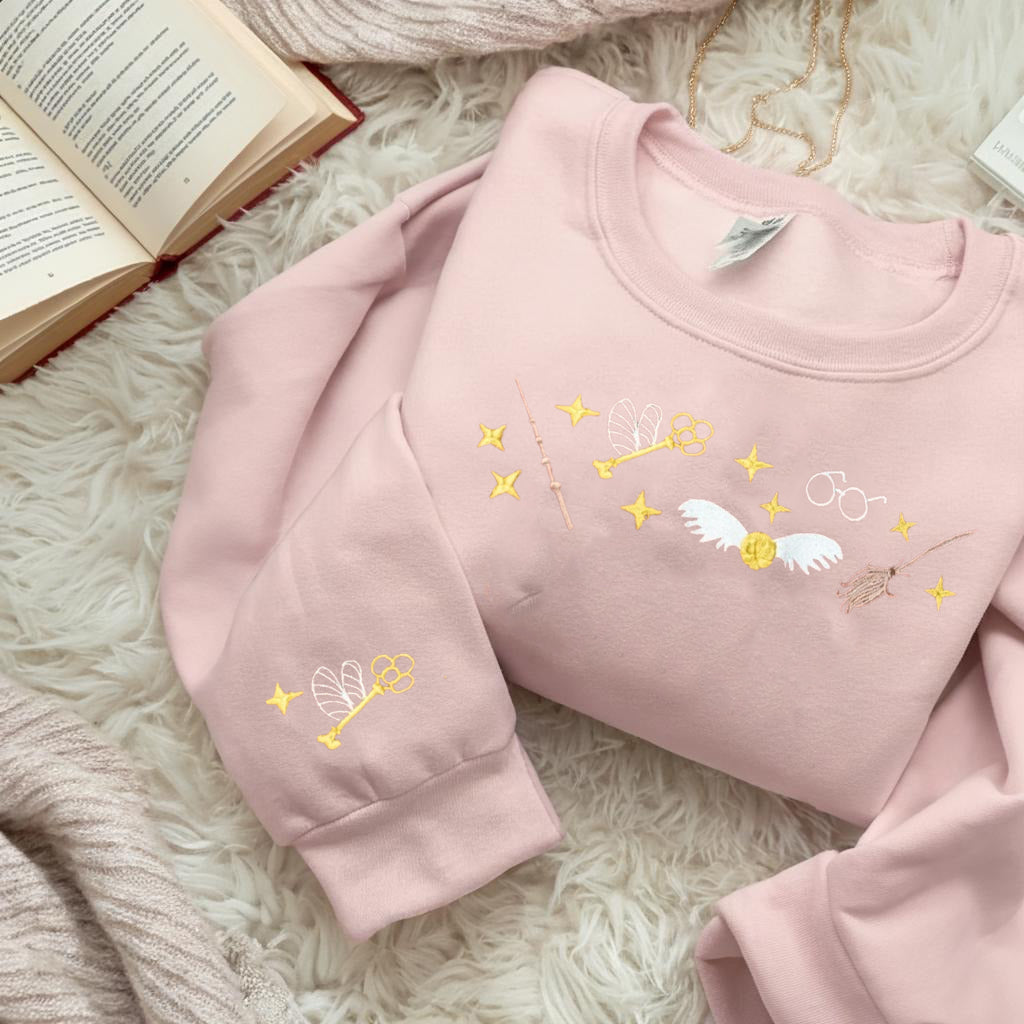 Harry Potter Embroidered Hoodie, Golden Snitch Wand Broom Key Embroidery, Wizard Aesthetic Sweatshirt, Potter Fan Gift, Bookish Merch EGG19