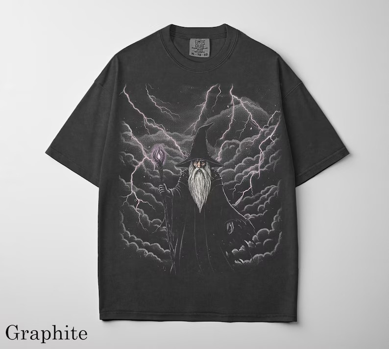 Mystical Wizard Dragon Vintage Graphic T-shirts, Retro Fantasy Graphic Tee, Washed Grunge Streetwear Unisex Top, Gamers Worn In Shirt