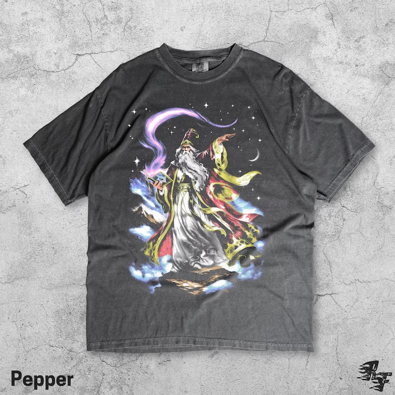 Sky Wizard Vintage 90s T-Shirt, Retro Fantasy Sorcerer Tee, Floating Spellbook Magic Shirt, Wizardcore Celestial Stars Grunge Art Gift