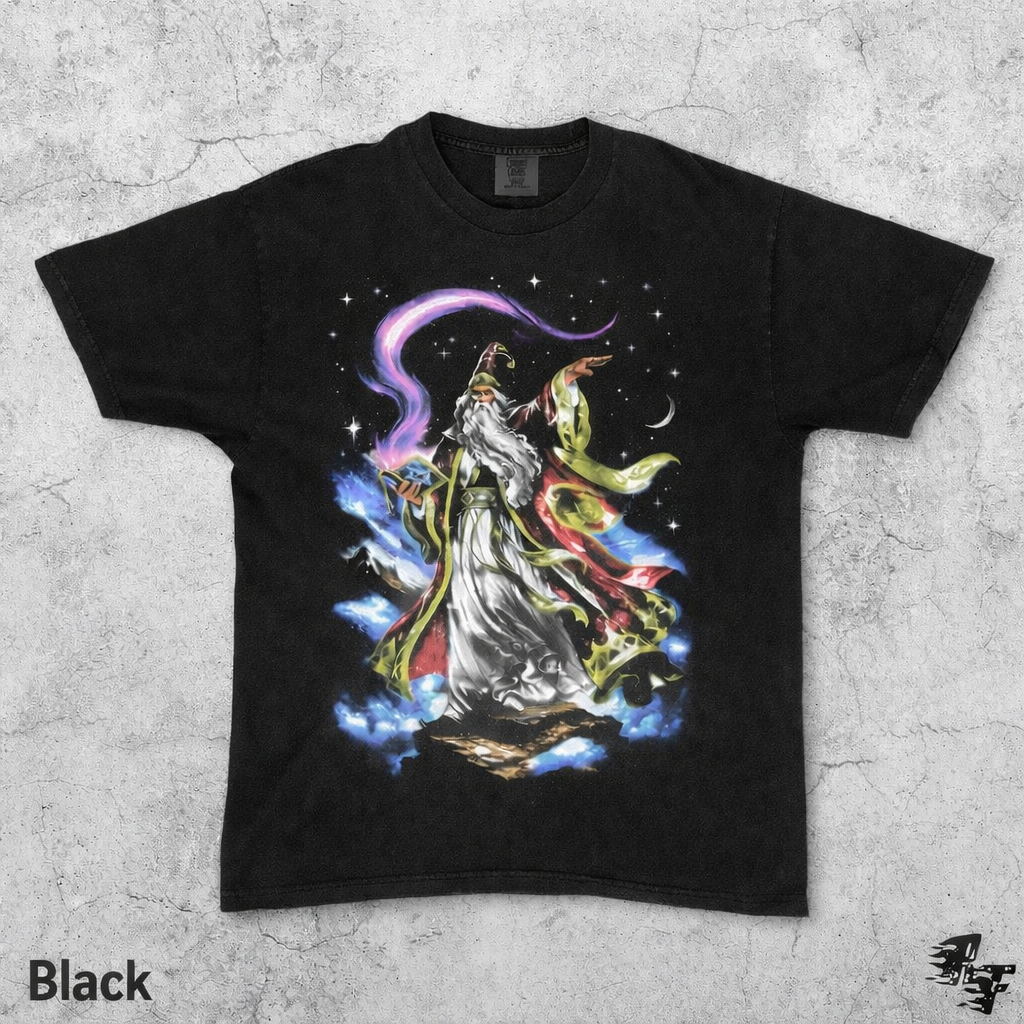 Sky Wizard Vintage 90s T-Shirt, Retro Fantasy Sorcerer Tee, Floating Spellbook Magic Shirt, Wizardcore Celestial Stars Grunge Art Gift