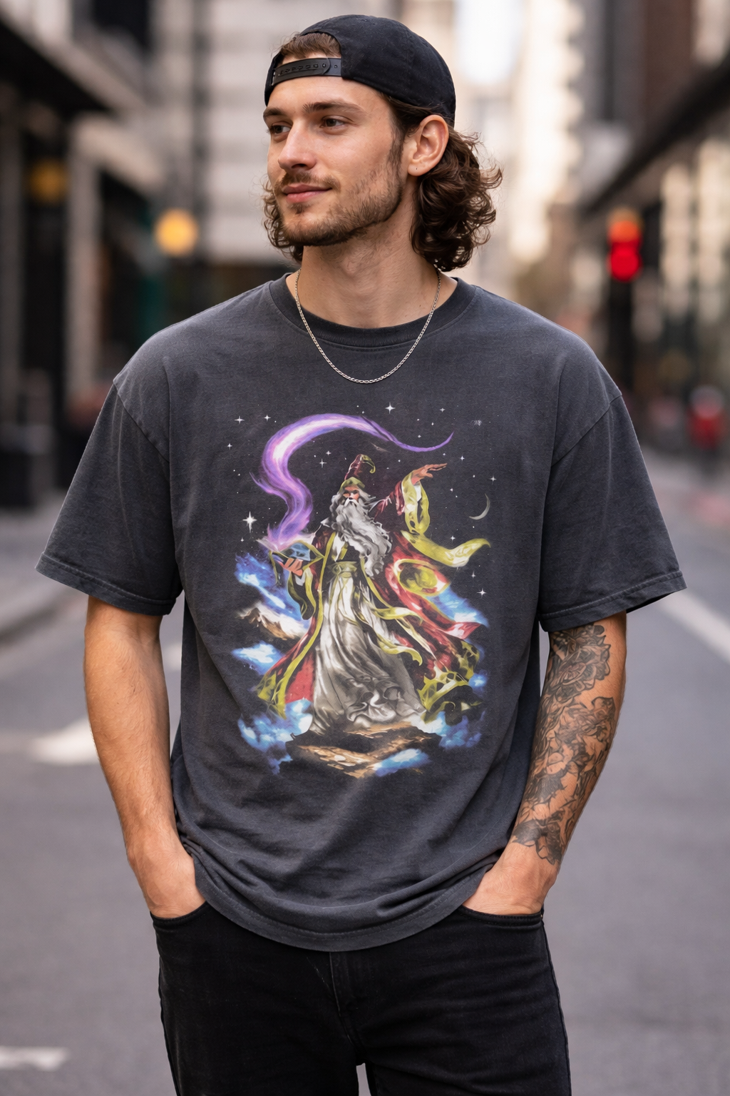 Sky Wizard Vintage 90s T-Shirt, Retro Fantasy Sorcerer Tee, Floating Spellbook Magic Shirt, Wizardcore Celestial Stars Grunge Art Gift