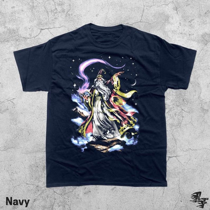 Sky Wizard Vintage 90s T-Shirt, Retro Fantasy Sorcerer Tee, Floating Spellbook Magic Shirt, Wizardcore Celestial Stars Grunge Art Gift
