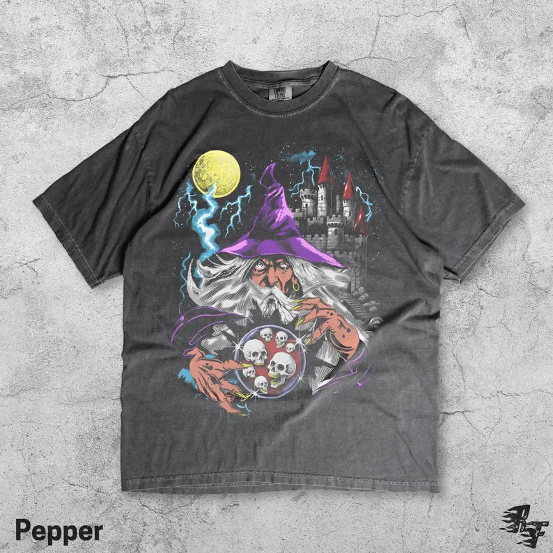 Dark Wizard Vintage 90s T-Shirt, Retro Fantasy Sorcerer Graphic Tee, Moon Skulls Orb Gothic Castle Shirt, Wizardcore Grunge Magic Art Gift