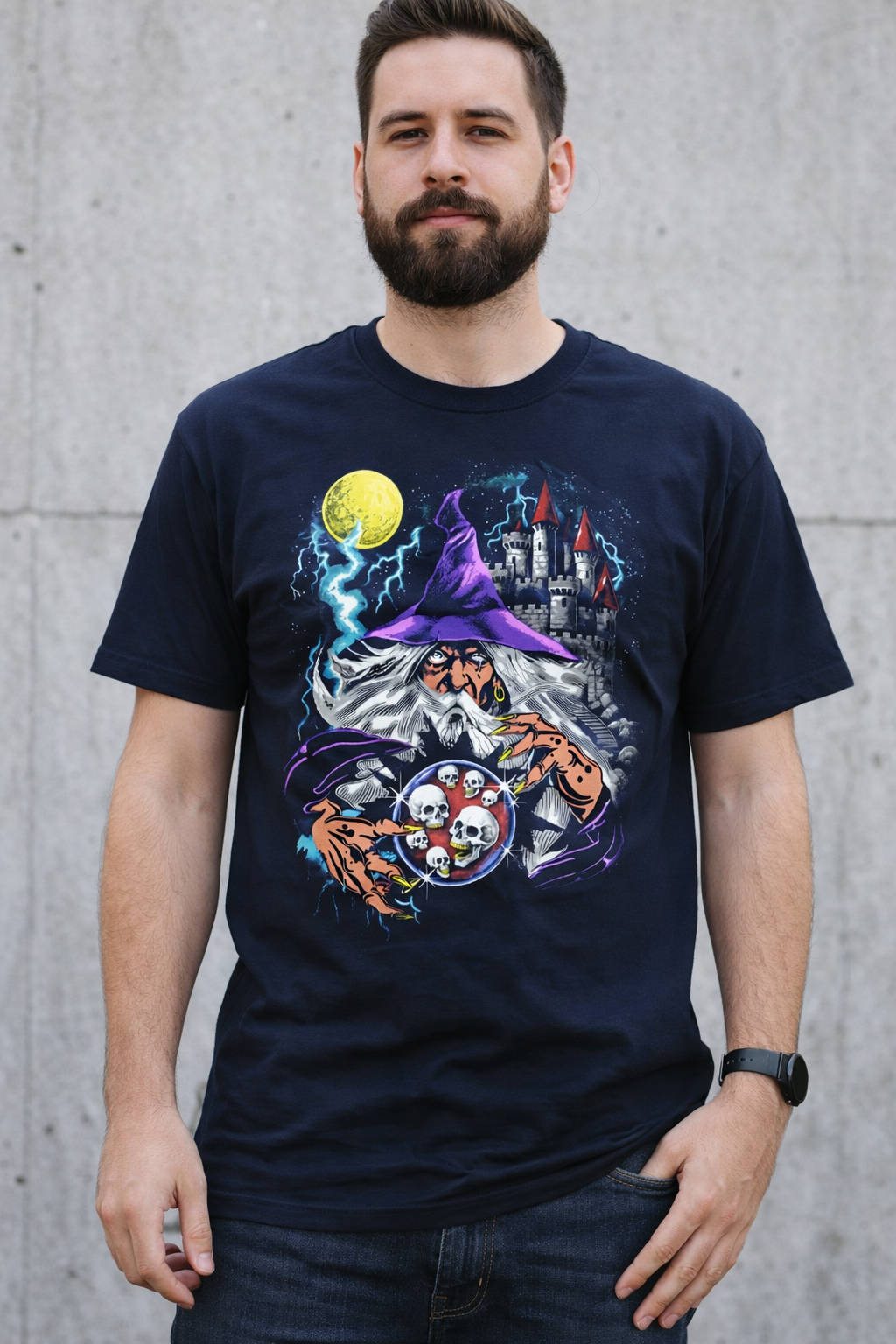 Dark Wizard Vintage 90s T-Shirt, Retro Fantasy Sorcerer Graphic Tee, Moon Skulls Orb Gothic Castle Shirt, Wizardcore Grunge Magic Art Gift