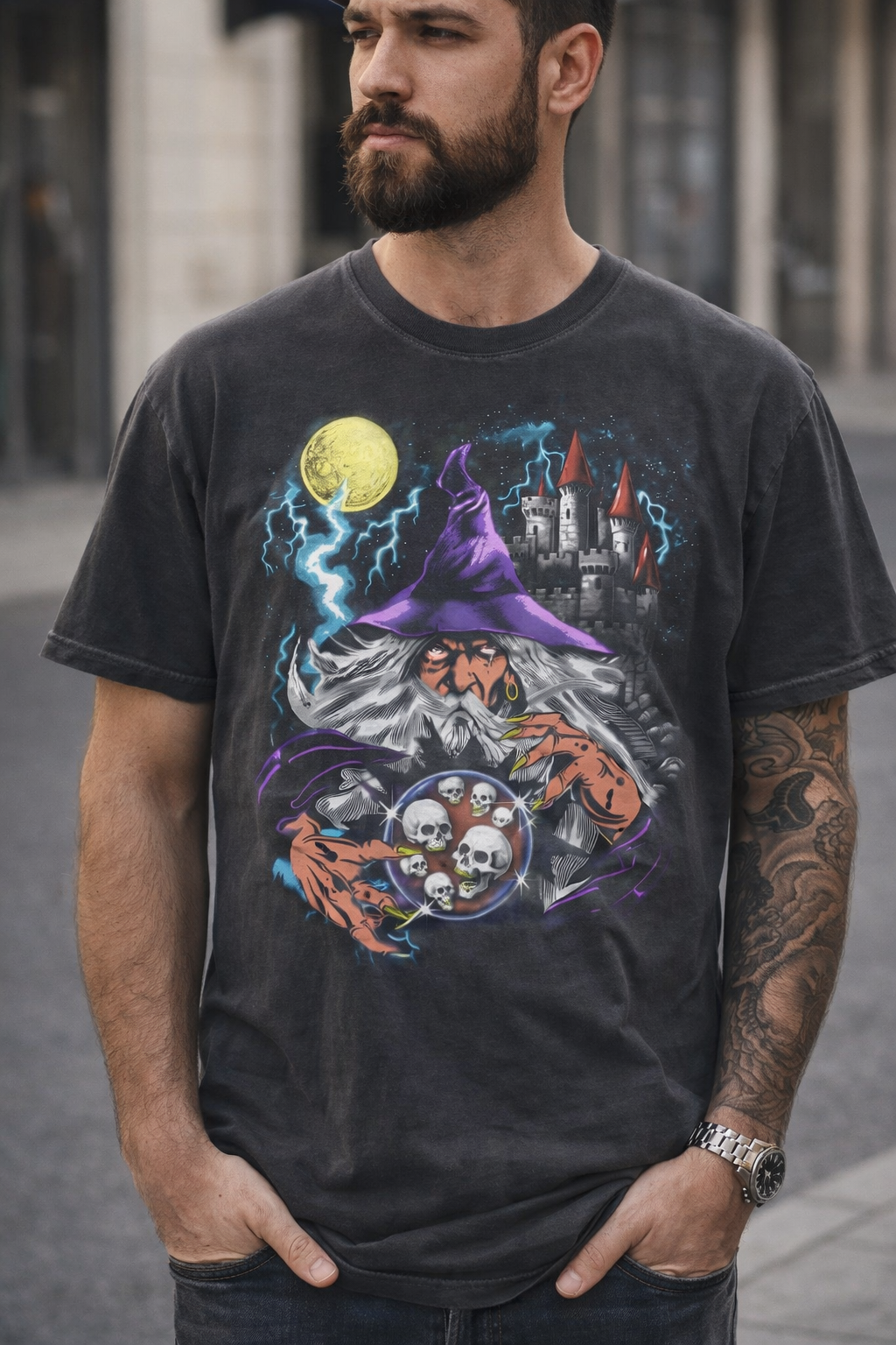Dark Wizard Vintage 90s T-Shirt, Retro Fantasy Sorcerer Graphic Tee, Moon Skulls Orb Gothic Castle Shirt, Wizardcore Grunge Magic Art Gift