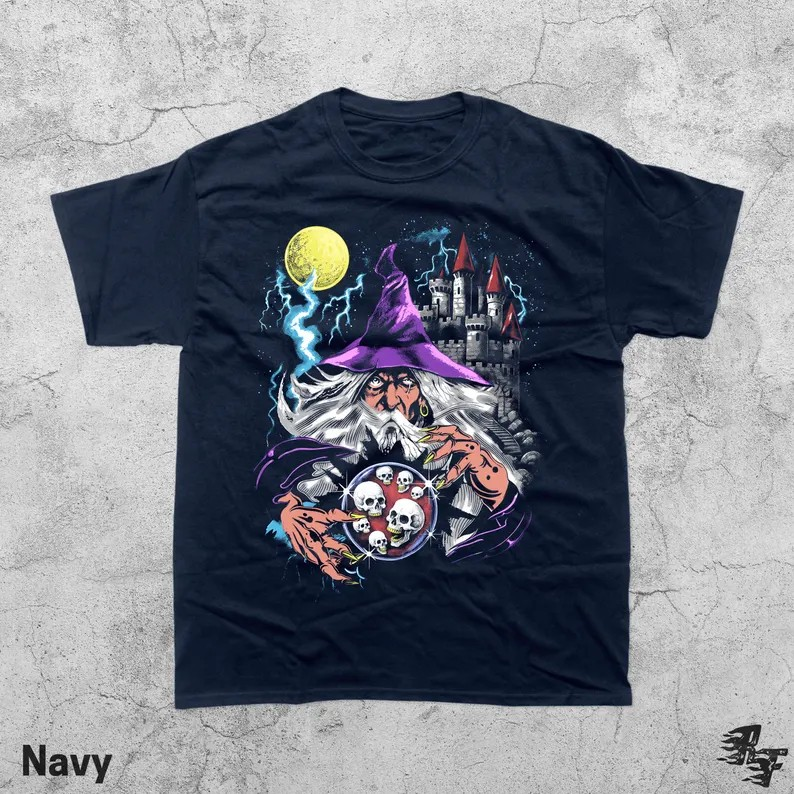 Dark Wizard Vintage 90s T-Shirt, Retro Fantasy Sorcerer Graphic Tee, Moon Skulls Orb Gothic Castle Shirt, Wizardcore Grunge Magic Art Gift