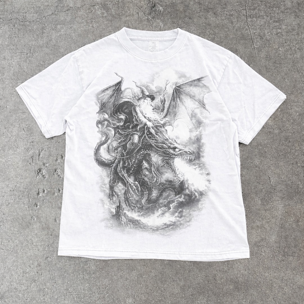 Vintage Wizard Dragon 90s Graphic T-Shirt, Retro Magic Medieval Fantasy Creature Tee, Grunge Mystic Gamer Shirt