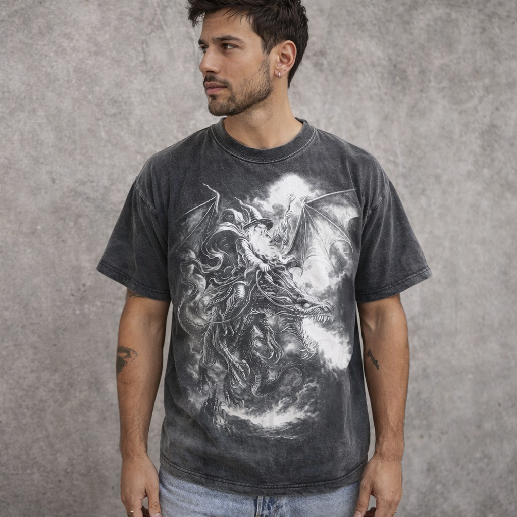 Vintage Wizard Dragon 90s Graphic T-Shirt, Retro Magic Medieval Fantasy Creature Tee, Grunge Mystic Gamer Shirt