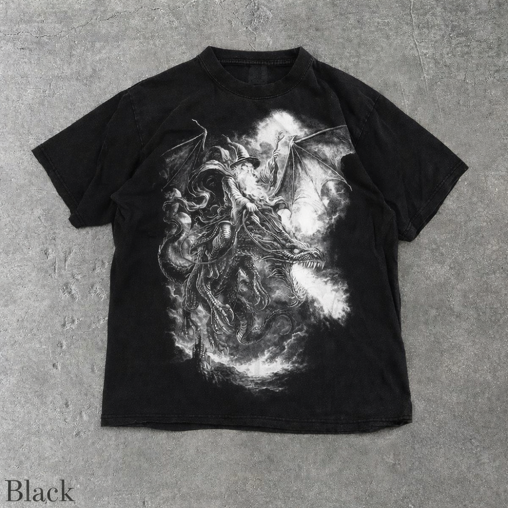 Vintage Wizard Dragon 90s Graphic T-Shirt, Retro Magic Medieval Fantasy Creature Tee, Grunge Mystic Gamer Shirt