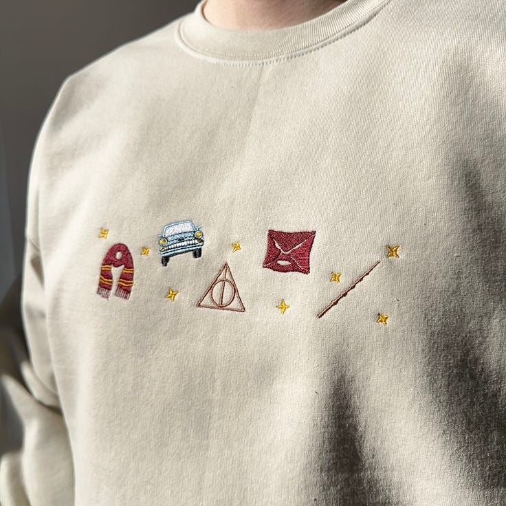 Harry Potter Embroidered Hoodie, Deathly Hallows Gryffindor Scarf Car Wand Design, Wizard Aesthetic Sweatshirt, Potter Fan Gift EGG25