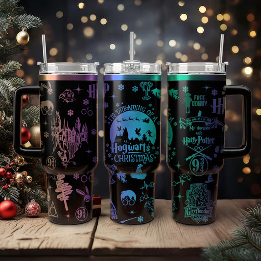 Hogwarts Christmas 30oz/40oz Tumbler with Handle, Harry Potter Laser Engraved Tumbler 30oz/40oz