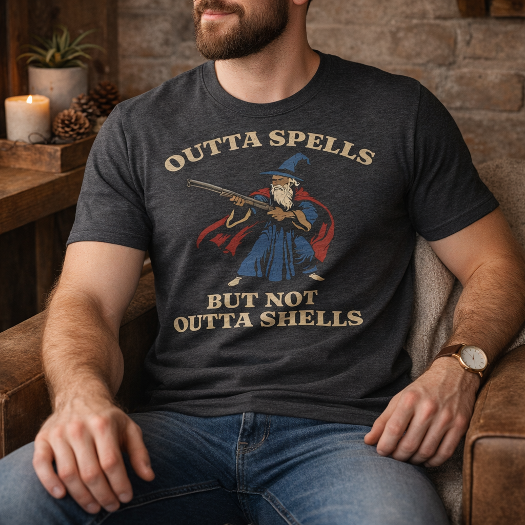 Outta Spells But Not Outta Shells Tee  Wizard Fantasy Meme Shirt