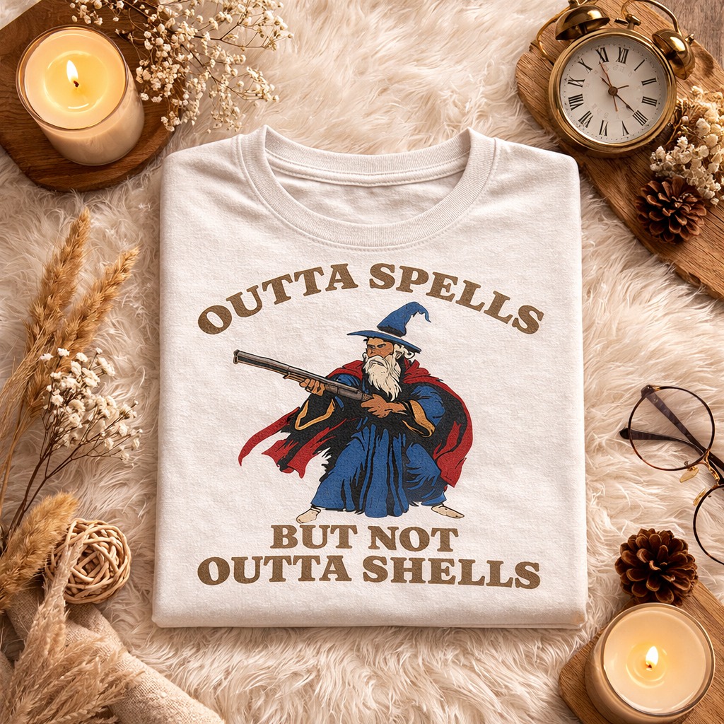 Outta Spells But Not Outta Shells Tee  Wizard Fantasy Meme Shirt