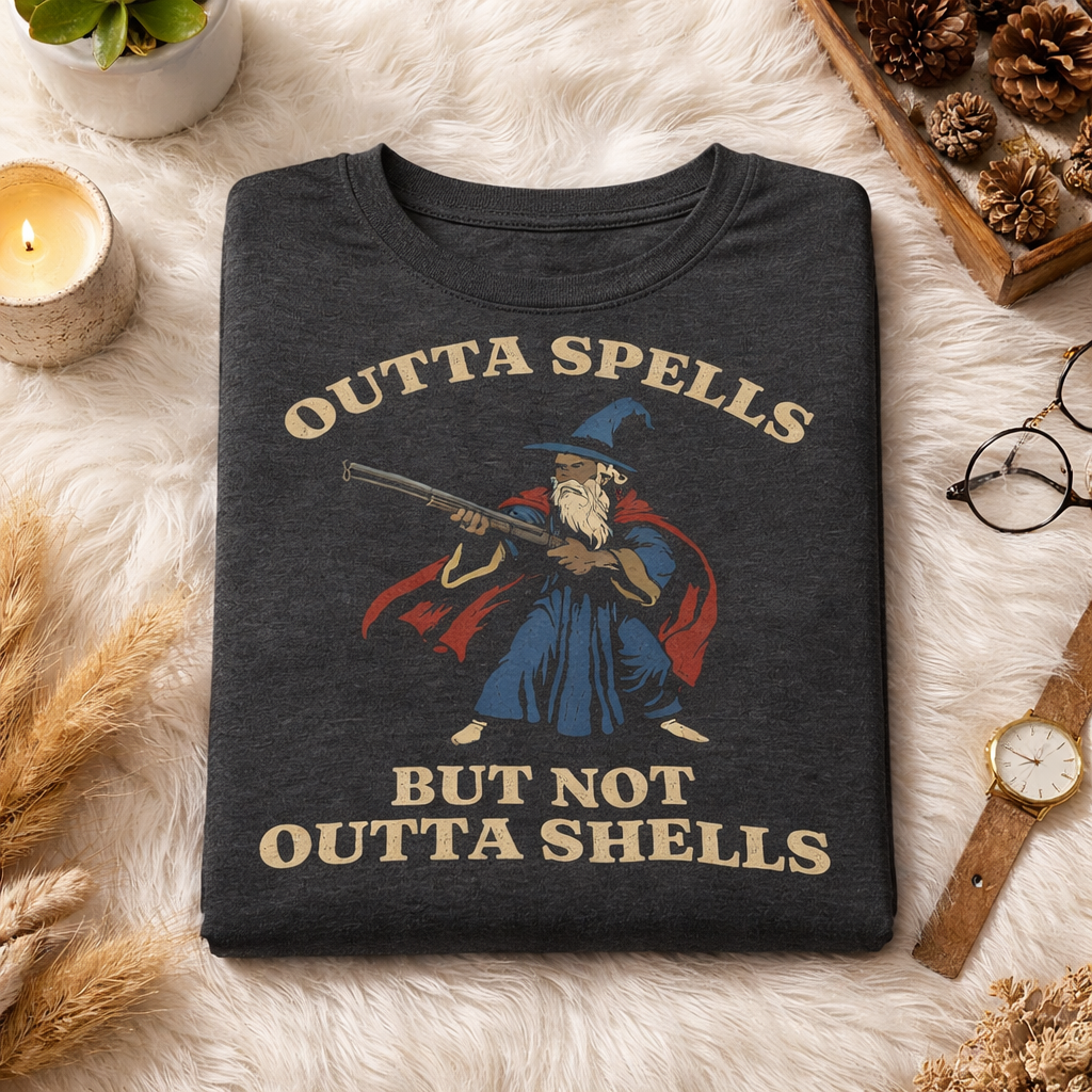 Outta Spells But Not Outta Shells Tee  Wizard Fantasy Meme Shirt