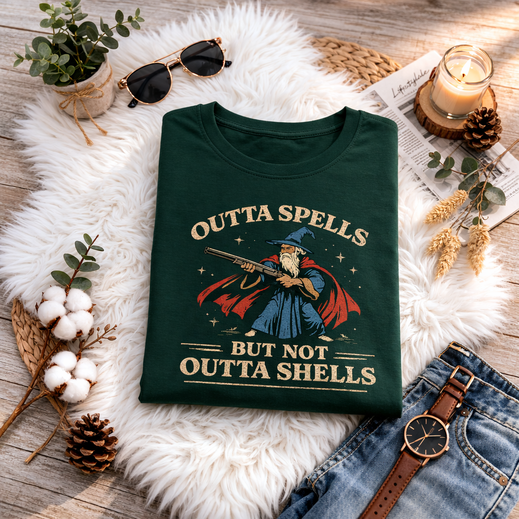 Outta Spells But Not Outta Shells Tee  Wizard Fantasy Meme Shirt