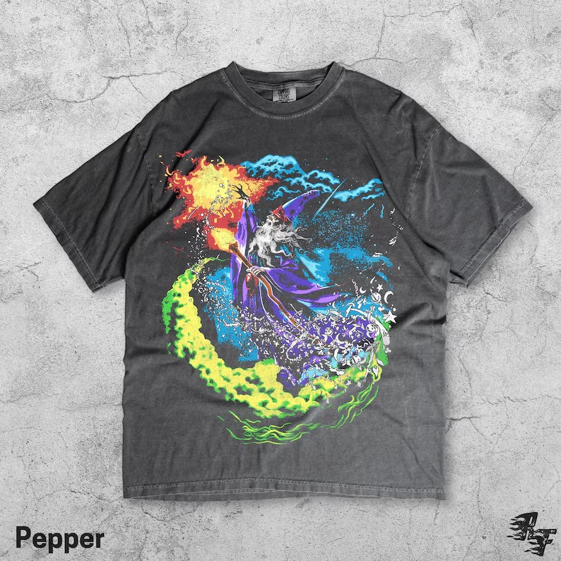 Vintage 90s Fantasy Wizard T-Shirt, Retro Sorcerer Magic Spell Shirt, Gothic Graphic Tee, Grunge Y2K Magical Top, Mystical Wizard Gift