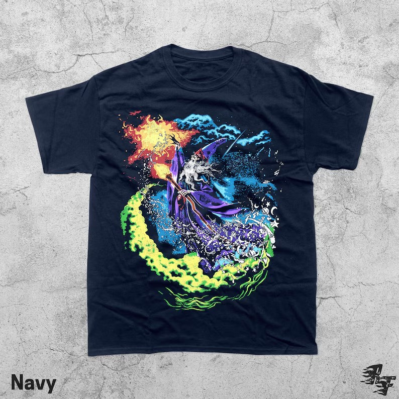 Vintage 90s Fantasy Wizard T-Shirt, Retro Sorcerer Magic Spell Shirt, Gothic Graphic Tee, Grunge Y2K Magical Top, Mystical Wizard Gift