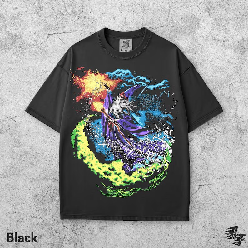Vintage 90s Fantasy Wizard T-Shirt, Retro Sorcerer Magic Spell Shirt, Gothic Graphic Tee, Grunge Y2K Magical Top, Mystical Wizard Gift