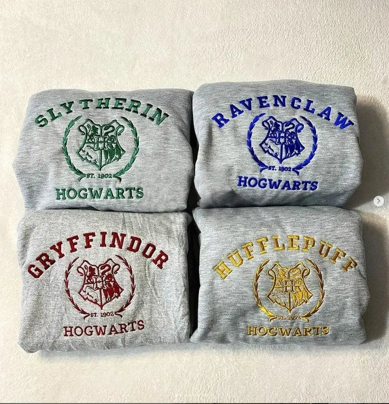 Magic Wizard Embroidery Shirt, Embroidered Hogwarts Houses Sweatshirt