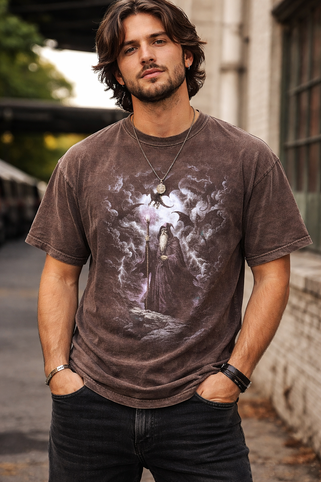 Vintage Mystical Wizard Dragon Graphic T-Shirt, Retro Fantasy Graphic Tee, Washed Grunge Unisex Streetwear Top, Gamers Worn-In Shirt