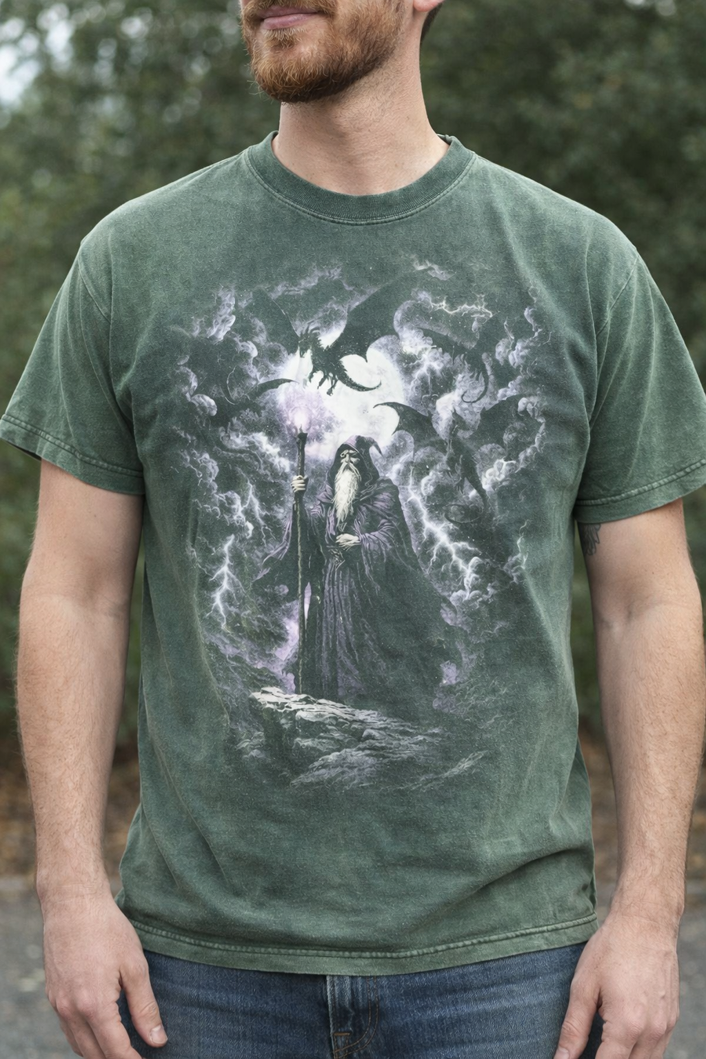 Vintage Mystical Wizard Dragon Graphic T-Shirt, Retro Fantasy Graphic Tee, Washed Grunge Unisex Streetwear Top, Gamers Worn-In Shirt