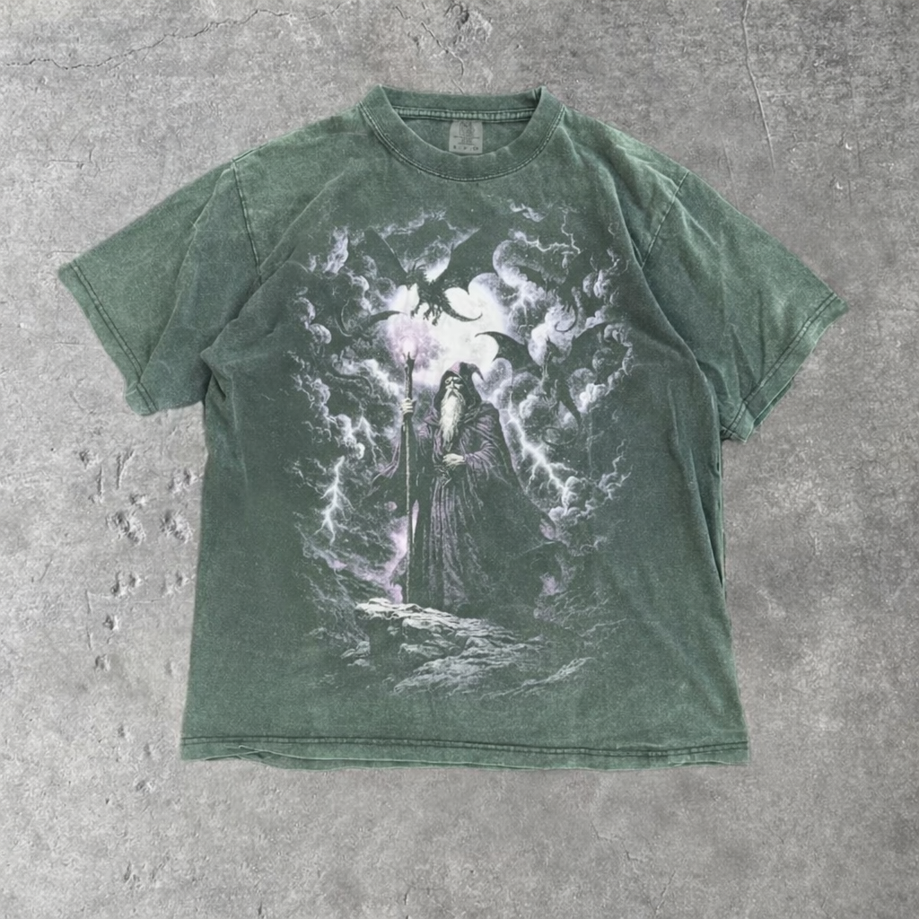 Vintage Mystical Wizard Dragon Graphic T-Shirt, Retro Fantasy Graphic Tee, Washed Grunge Unisex Streetwear Top, Gamers Worn-In Shirt