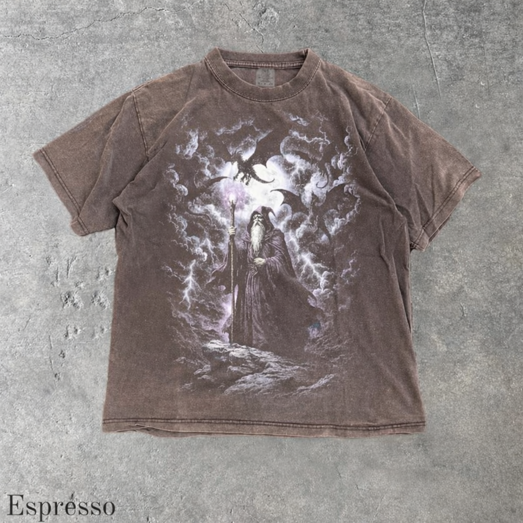 Vintage Mystical Wizard Dragon Graphic T-Shirt, Retro Fantasy Graphic Tee, Washed Grunge Unisex Streetwear Top, Gamers Worn-In Shirt