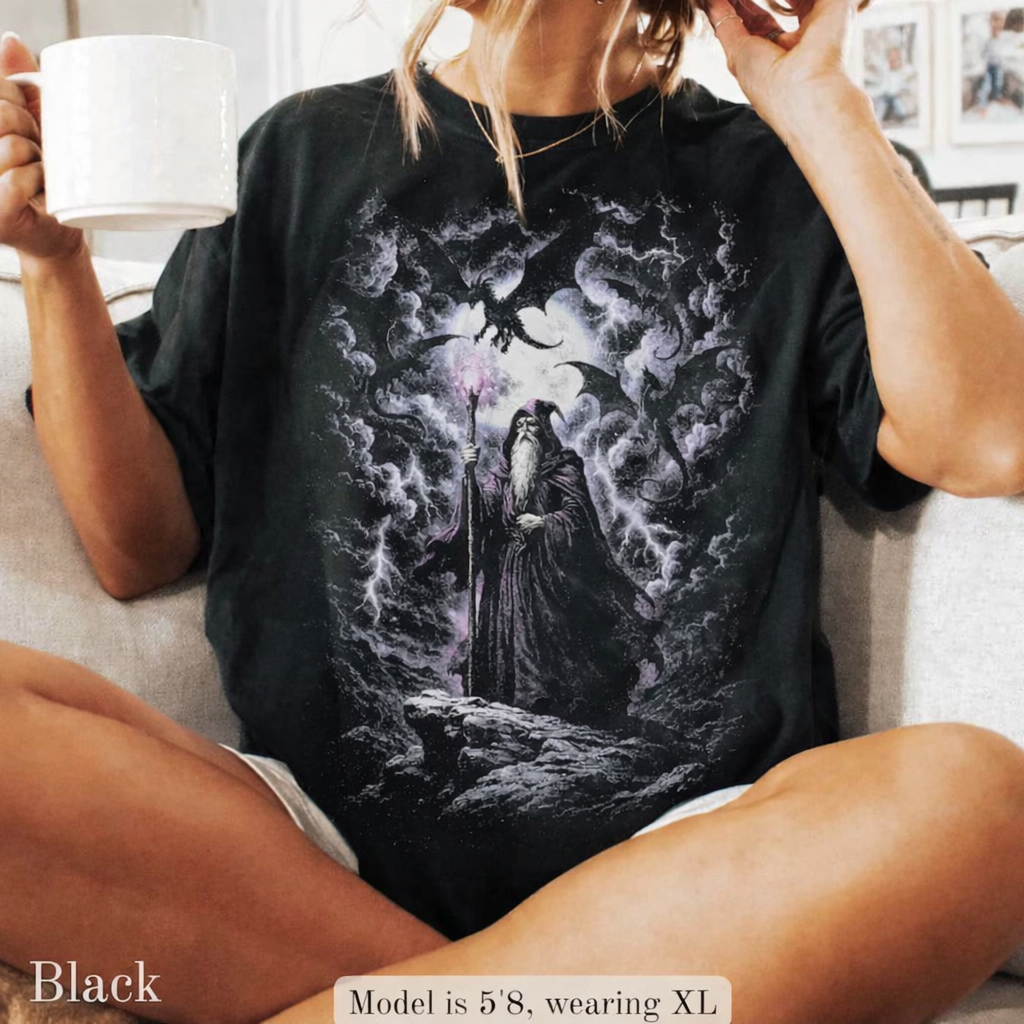 Vintage Mystical Wizard Dragon Graphic T-Shirt, Retro Fantasy Graphic Tee, Washed Grunge Unisex Streetwear Top, Gamers Worn-In Shirt
