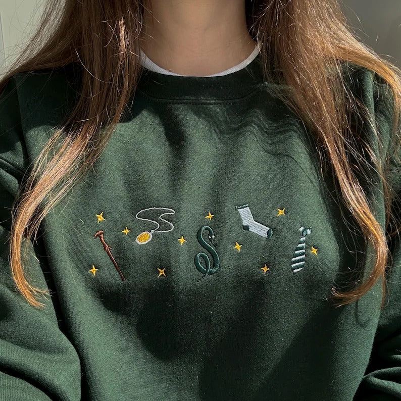 Harry Potter Embroidered Sweatshirt, Wizard School Aesthetic Crewneck, Magical Snake Sock Tie Wand Embroidery, Bookish Gift for Potter Fans EGG16