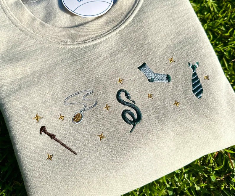 Harry Potter Embroidered Sweatshirt, Wizard School Aesthetic Crewneck, Magical Snake Sock Tie Wand Embroidery, Bookish Gift for Potter Fans EGG16
