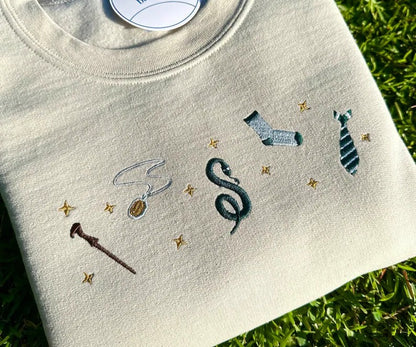 Harry Potter Embroidered Sweatshirt, Wizard School Aesthetic Crewneck, Magical Snake Sock Tie Wand Embroidery, Bookish Gift for Potter Fans EGG16