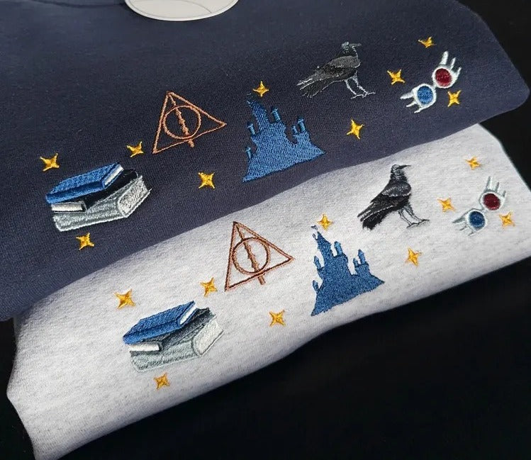 Harry Potter Embroidered Sweatshirt, Deathly Hallows Castle Design Crewneck, Wizard Aesthetic Shirt, Bookish Gift for Potter Fans EGG17