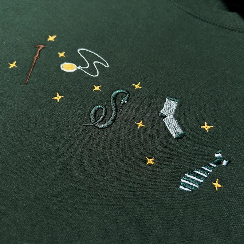 Harry Potter Embroidered Sweatshirt, Wizard School Aesthetic Crewneck, Magical Snake Sock Tie Wand Embroidery, Bookish Gift for Potter Fans EGG16