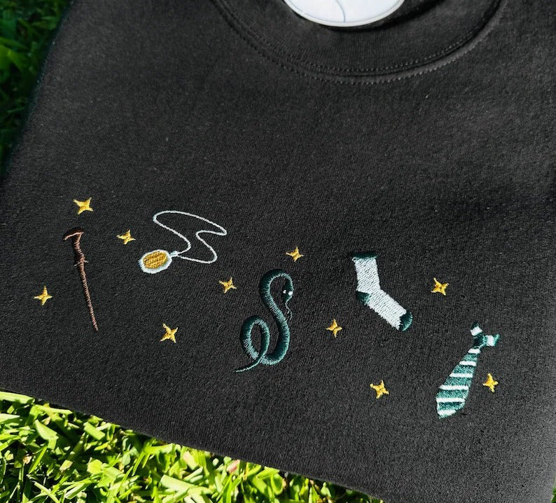 Harry Potter Embroidered Sweatshirt, Wizard School Aesthetic Crewneck, Magical Snake Sock Tie Wand Embroidery, Bookish Gift for Potter Fans EGG16