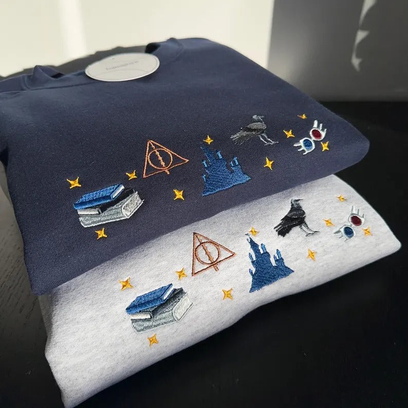 Harry Potter Embroidered Sweatshirt, Deathly Hallows Castle Design Crewneck, Wizard Aesthetic Shirt, Bookish Gift for Potter Fans EGG17