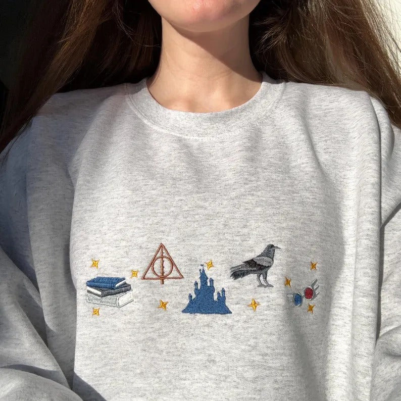 Harry Potter Embroidered Sweatshirt, Deathly Hallows Castle Design Crewneck, Wizard Aesthetic Shirt, Bookish Gift for Potter Fans EGG17