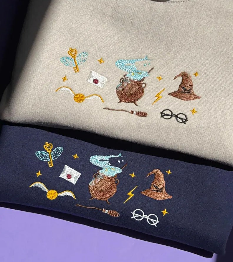 Harry Potter Embroidered Hoodie, Wizard Magic Symbols Sweatshirt, Golden Snitch Sorting Hat Cauldron Embroidery, Bookish Gift for Potter Fans EGG18