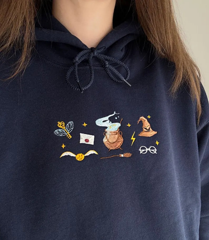 Harry Potter Embroidered Hoodie, Wizard Magic Symbols Sweatshirt, Golden Snitch Sorting Hat Cauldron Embroidery, Bookish Gift for Potter Fans EGG18