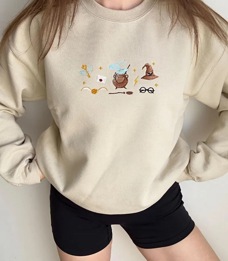Harry Potter Embroidered Hoodie, Wizard Magic Symbols Sweatshirt, Golden Snitch Sorting Hat Cauldron Embroidery, Bookish Gift for Potter Fans EGG18