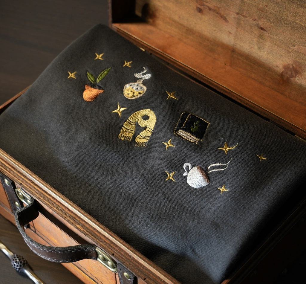 Harry Potter Embroidered Sweatshirt, Mandrake Plant Felix Felicis Book Cup Design, Wizard Cozy Aesthetic Crewneck, Potter Fan Giftt EGG24