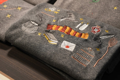 Harry Potter Embroidered Sweatshirt, Wizard School Symbols Crewneck, Gryffindor Scarf Flying Key Wand Design, Bookish Gift for Potter Fans EGG21