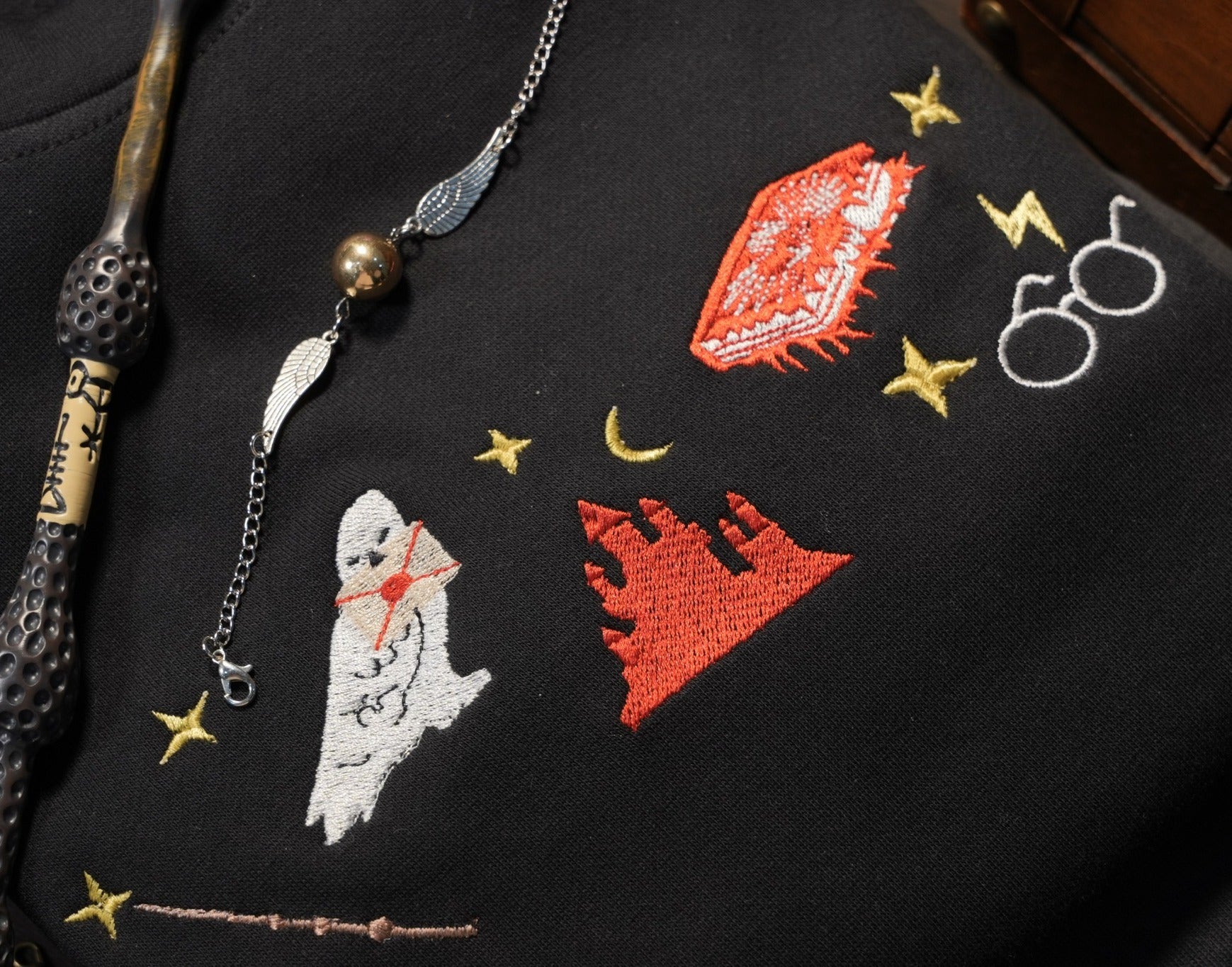 Harry Potter Embroidered Sweatshirt, Hedwig Owl Wand Hogwarts Castle Crewneck, Wizard Aesthetic Minimalist Shirt, Bookish Potter Fan Gift EGG23