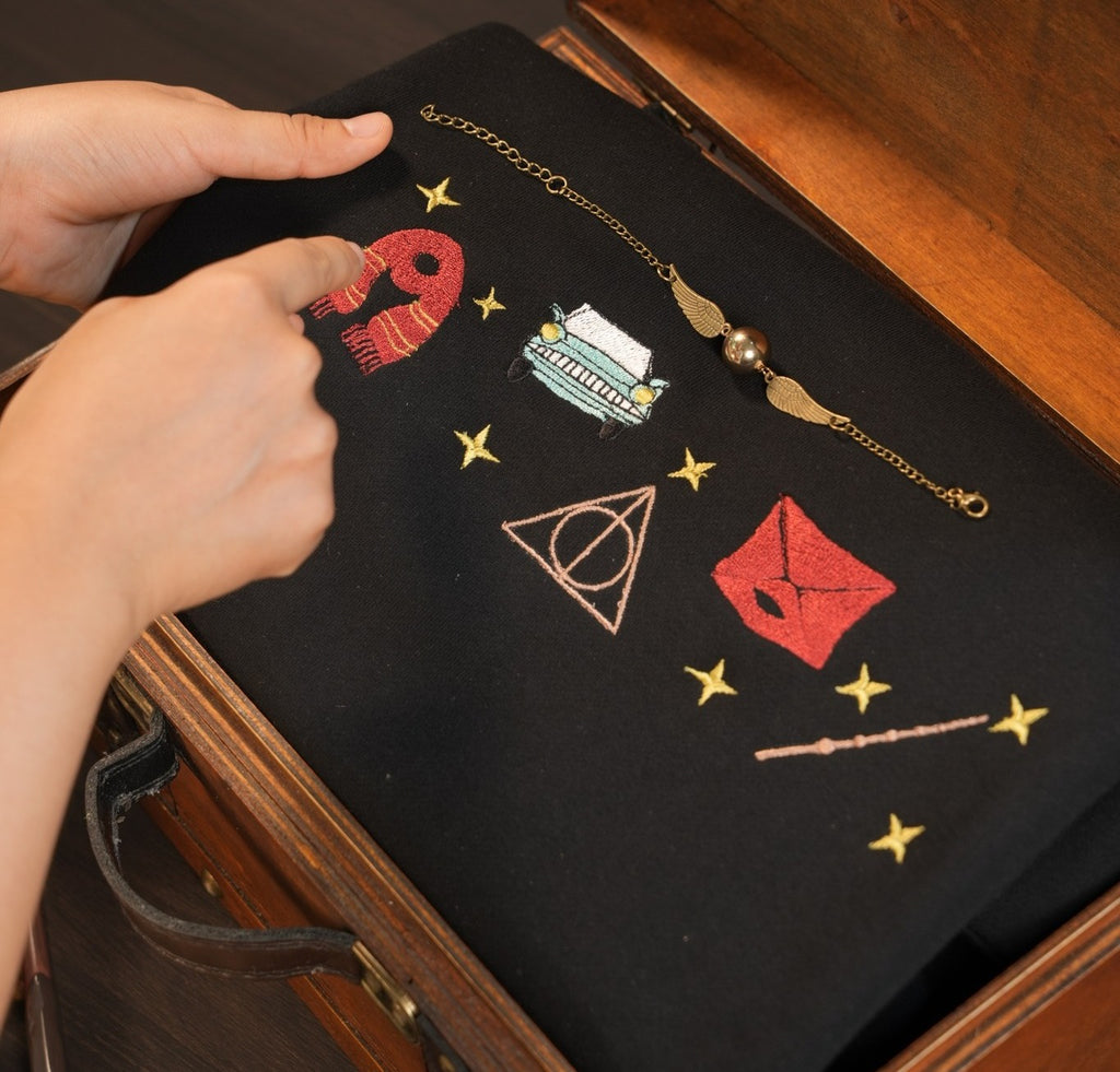 Harry Potter Embroidered Hoodie, Deathly Hallows Gryffindor Scarf Car Wand Design, Wizard Aesthetic Sweatshirt, Potter Fan Gift EGG25