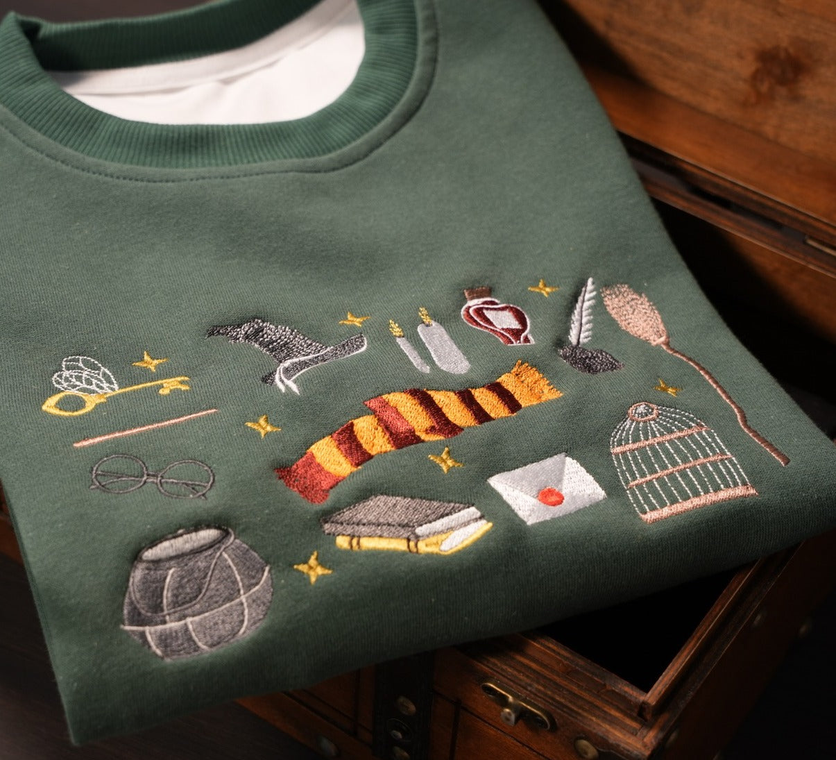 Harry Potter Embroidered Sweatshirt, Wizard School Symbols Crewneck, Gryffindor Scarf Flying Key Wand Design, Bookish Gift for Potter Fans EGG21
