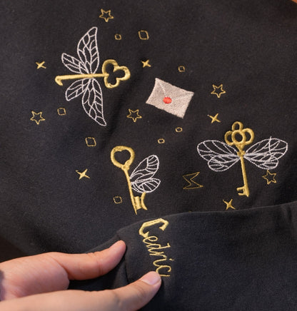 Harry Potter Embroidered Hoodie, Flying Keys and Hogwarts Letter Design, Wizard Aesthetic Sweatshirt, Personalized Gift for Potter Fans EGG20