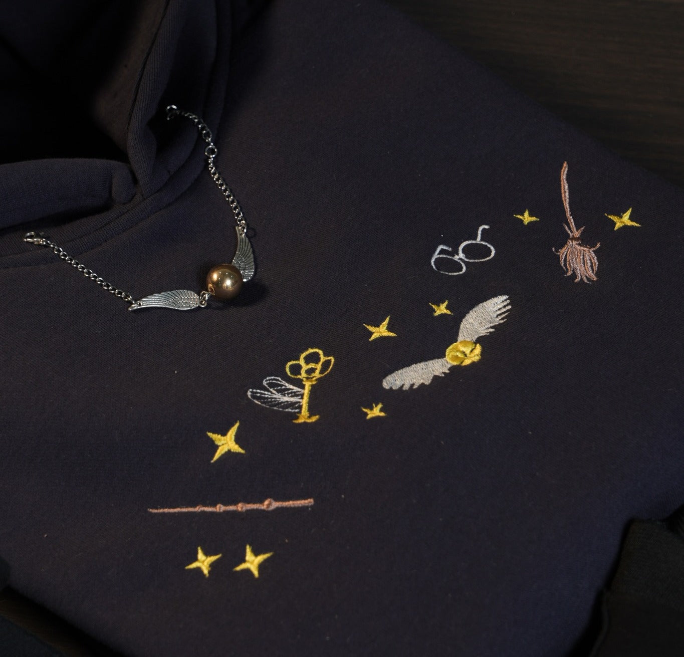 Harry Potter Embroidered Hoodie, Golden Snitch Wand Broom Key Embroidery, Wizard Aesthetic Sweatshirt, Potter Fan Gift, Bookish Merch EGG19